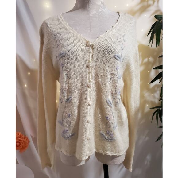 Vtg NWB Casuals Embroidered Floral Mohair Ramie Button Cardigan Sweater Size L - Picture 1 of 10